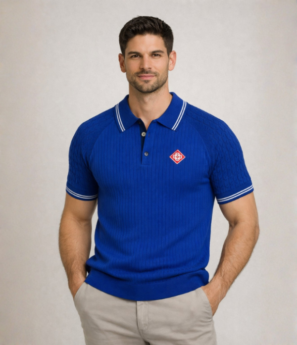 Polo bleu royal à rayures blanches – Style urbain premium