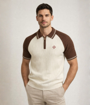 7 Polo bicolore crème et marron – Style rétro moderne