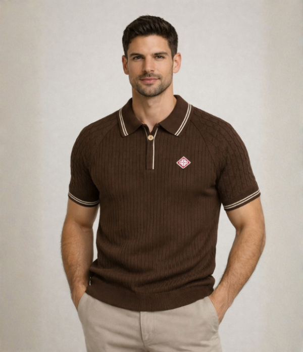 Polo marron avec finitions beiges – Élégance naturelle